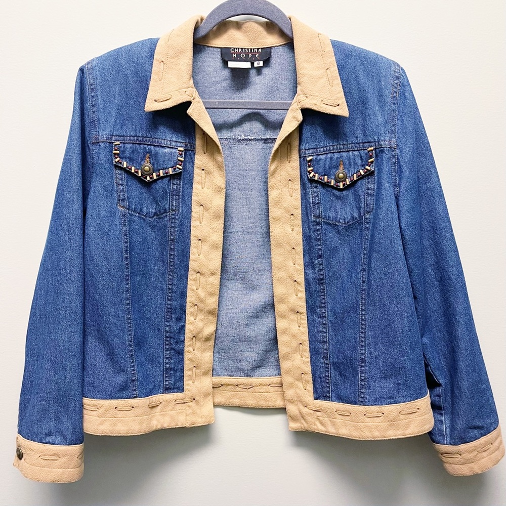 Christina Hope Vintage Beaded Denim Jean Jacket with Suede Trim Size 10
